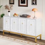 Buffet moderne laqu� blanc - bahut 4 portes avec poign�es et pieds dor�s mdf + panneau haute brillance ...