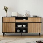 Buffet moderne meuble de rangement chne et noir avec 4 portes coulissantes et 1 tiroir pour cuisine ...