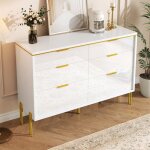 Buffet moderne - modernluxe - 120x40x855 cm - 6 tiroirs - blanc et dor� - panneau laqu� brillant - pieds ...
