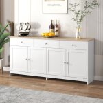 Buffet moderne quatre portes trois tiroirs salon salle À manger - plateau aspect bois clai - blanc?160x37x75cm ... Buffet moderne quatre portes trois tiroirs salon salle À manger - plateau aspect bois clai - blanc?160x37x75cm ...