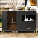 Buffet moderne verre bleu - vert - poignes cristal & pieds dors - corps noir luxueux - salon&salle ...