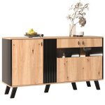 Buffet 140 x 78 x 41 cm avec rangement meuble avec lumi�re led et verre en bois et noir