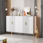 Buffet multifonctionnel blanc mat moderne - 4 portes ouvertes / ferm�es avec �l�ments dor�s - rangement ...