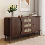 Buffet en noyer 140 cm commode en rotin avec 3 tiroirs de rangement 2 portes et �tag�res r�glables - ...