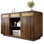 Buffet noyer commode avec poign�es en rotin et or meuble de rangement 3 tiroirs 2 portes et �tag�re ouverte ...
