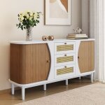 Buffet avec portes coulissantes et trois tiroirs armoire haute en rotin �tag�res r�glables plan de travail ...