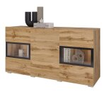 Buffet ramos 130 cm ? ch�ne dor� et noir ? 2 portes vitr�es et 3 tiroirs ? sans led