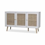 Buffet de rangement en cannage. blanc 120x39x70cm - bohme - 2 niveaux. 3 portes. pieds scandinaves. ...