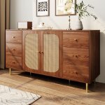 Meuble mural salon 160x40x90 cm - ensemble meuble tv en rotin marron rangement int�gr� tiroirs pratiques ...
