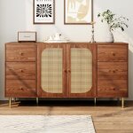 Buffet en rotin avec tiroirs et compartiments armoire en bois pour salon cuisine salle  manger (marron ...