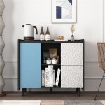 Buffet salle a manger noir avec portes bleu buffet cuisine rangement 2 tiroirs et 2 compartiments ouverts ...