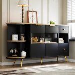 Buffet de salle  manger avec portes coulissantes en verre et lumires led panneau latral en bois noir ...