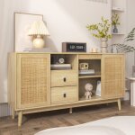 Buffet salon3 portes en rotin vritable respirante2 tiroirs meuble de rangementbois style rustique155x38x80cm ...