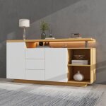 Buffet salon bas moderne meuble dentr�e el�gant � �clairage led 2 portes 3 tiroirs etag�re ouverte blanc ...