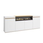 Buffet salon et cuisine 200x75x35cm 4 portes chemine lectrique blanc et chne soft rf3763