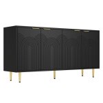 Buffet salon noir 4 portes  motif courbe - poignes dores brosses pieds laqus brillants - design ...