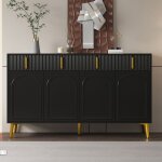 Buffet salon noir moderne et el�gant 4 portes4 tiroirs fa�ade laqu�e poign�es et pieds dor�s140x38x82cm ...