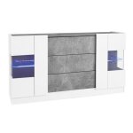 Buffet salon et salle a manger - style moderne avec 2 portes et 3 tiroirs - aspect marbre gris �clairage ...