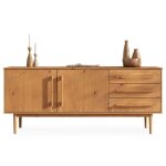 Buffet tecca l 170 cm 2 portes 3 tiroirs en bois massif coloris chne avec tagres rglables deux compartimen ...