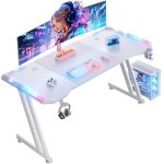 Hlonone bureau gaming led 160 x 60 cm ? blanc ergonomique r�sistant aux rayures accessoires inclus