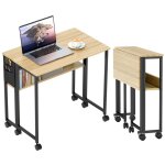 Bureau - homcom - pliable - sur roulettes - 80 x 50 cm - tagre et sac de rangement - chne