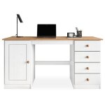 Bureau manager l 145 cm en bois massif coloris blanc et ch�ne espace de rangement avec 4 tiroirs et 1 ...
