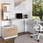 Bureau miso blanc / chêne doré avec armoire et étagères Bureau miso blanc / chêne doré avec armoire et étagères