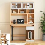 Bureau - langtu - grande armoire 180 cm - pivotant avec �tag�res et tiroir - mdf naturel + blanc