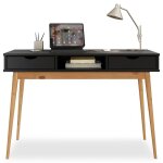 Bureau stefano en pin massif avec 2 tiroirs et 1 niche intégrée lasuré noir / chêne Bureau stefano en pin massif avec 2 tiroirs et 1 niche intégrée lasuré noir / chêne