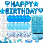 C ballon 32pcs dcoration de fte danniversaire rideaux  pompons bleu ciel ballons  confettis en forme ...