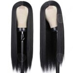 C perruque longue et lisse noire 66cm perruque en dentelle cheveux longs et raides avec raie au milieu ...