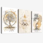 Cadre en bois impression sur toile arbre de vie yin yang tableau bouddhisme zen fleur de lotus beige ...