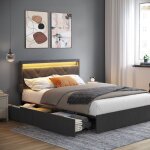 Cadre de lit, 140 x 190 cm, avec led, 4 tiroirs, multiprise, tête de lit rembourrée ajustable, gris ardoise ... Cadre de lit, 140 x 190 cm, avec led, 4 tiroirs, multiprise, tête de lit rembourrée ajustable, gris ardoise ...
