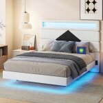 Lit suspendu 140x190 - velours beige - t�te de lit usb et led - design �pur�