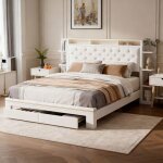 Cadre de lit 140x190 cm led usb avec sommier  lattes lit double velours blanc