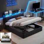 Cadre de lit 140x190 avec led et usb lit coffre double lit 2 personnes rangements de tête de lit sommier ... Cadre de lit 140x190 avec led et usb lit coffre double lit 2 personnes rangements de tête de lit sommier ...