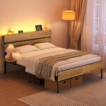 Vasagle cadre de lit 140 x 190 lit 2 personnes �clairage led port usb et type - c espace de rangement ...