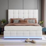 Cadre de lit 140x200 cm en simili cuir blanc avec led rgb rangement intgr capacit 350 kg design moderne ...