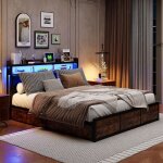 Cadre de lit 160x200 cm noir - t�te de lit pu led - 4 tiroirs - sommier � lattes (matelas non inclus) ...