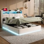 Lit coffre 160x200 cm velours blanc avec led int�gr�e sommier � lattes et grand rangement