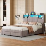 Cadre de lit 160x200 cm gris avec led port usb 2 tiroirs et rangements t�te ? style scandinave