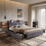 Cadre de lit 160x200 cm en m�tal lit adulte 160x200 cm avec 4 tiroirs lit double 160x200 cm en lin gris ...