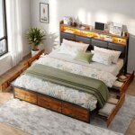 Cadre de lit 160x200 cm en metal lit coffre adulte 160x200 cm lit 160x200 cm avec 4 tiroirs et led pu ...