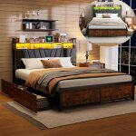 Lit double 180x200 cm en m�tal - noir - 4 tiroirs - led - design industriel moderne