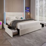 Cadre de lit adulte 140x200cm - okwish - clairage led - 4 tiroirs - 2 ports usb - 1 place - velours ...