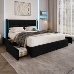 Cadre de lit adulte 160x200cm - okwish - clairage led - 4 tiroirs - 2 ports usb - 1 place - velours ...