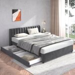 Cadre de lit adulte 180�200cm - avec sommier � lattes et 2 tiroirs - 2 place - lit capitonn� - gris velours ...
