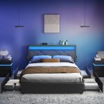 Cadre de lit lit coffre 160 x 200 cm avec led 4 tiroirs multiprise t�te de lit rembourr�e ajustable gris ...