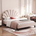 Lit capitonn� double avec t�te de lit en forme de fleur et sommier � lattesen veloursbeige 140 x 200 ...