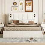 160x200 cm lit double coffre en velours beige avec sommier  lattes 2 liseuses et coffre hydraulique ...